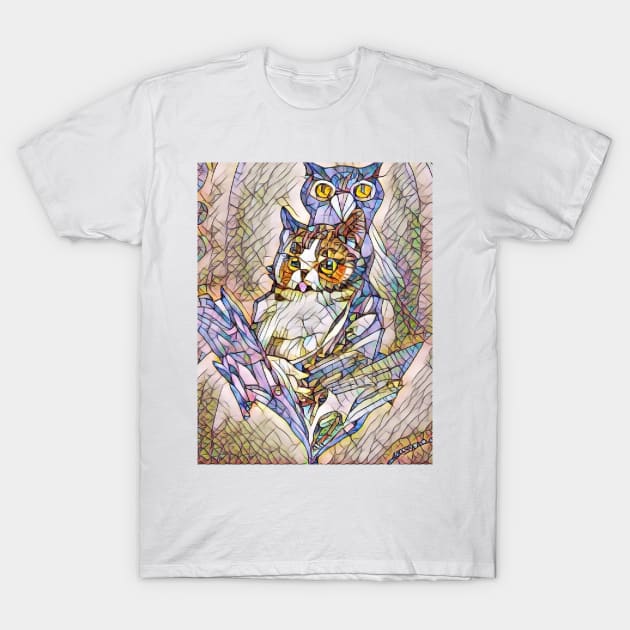 A Cat and An Owl Mosaic Mash-Up T-Shirt by FineArtMaster